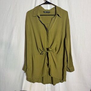 Zara // olive green front tie tunic button down shirt sz xl mar2